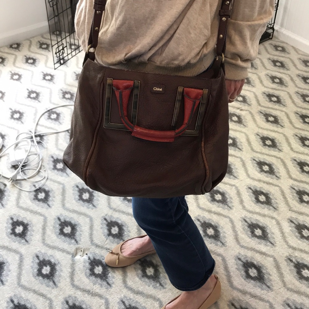 Brown leather bag, worn at edges